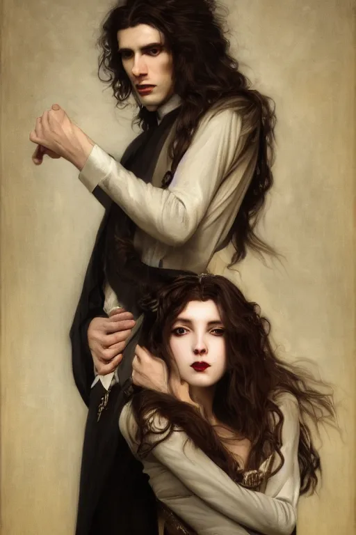 Image similar to a portrait of handsome young male vampire with long hair and his elegant beautiful dark bohemian wife, bored, illustration, dramatic lighting, soft details, painting oil on canvas, art nouveau, octane render, HDR, 4k, 8k, HD, by Edmund Blair Leighton, Brom, Charlie Bowater, trending on artstation, faces by Tom Bagshaw, Sargent