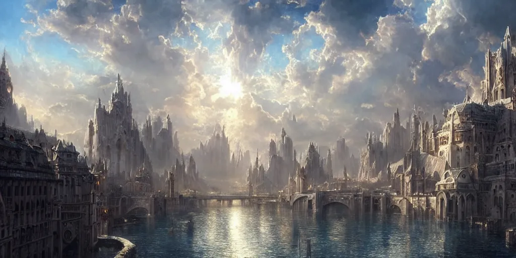 Image similar to beautiful fantasy city made from white stone and bright copper, medieval city, metropolis, magic, waterways, waterfalls, gorgeous clouds, white marble, god rays, digital art, landscape, fantasy art, octane render, ureal engine, high detail, very realistic, by greg rutkowski. by james gurney