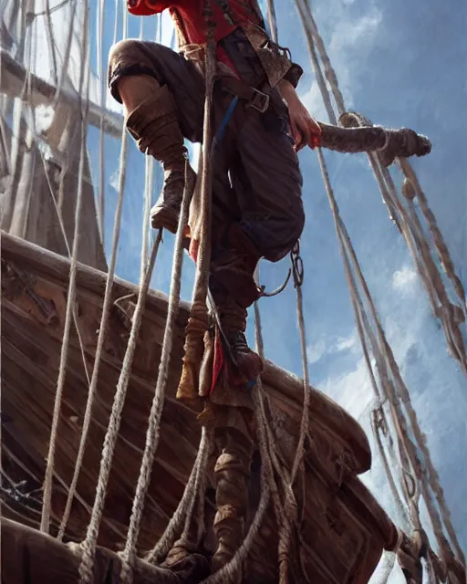 Image similar to tom holland as a pirate, standing on the mast, realistic shaded lighting poster by greg rutkowski, cinematic lighting, sharp focus, highly detailed attributes and atmosphere