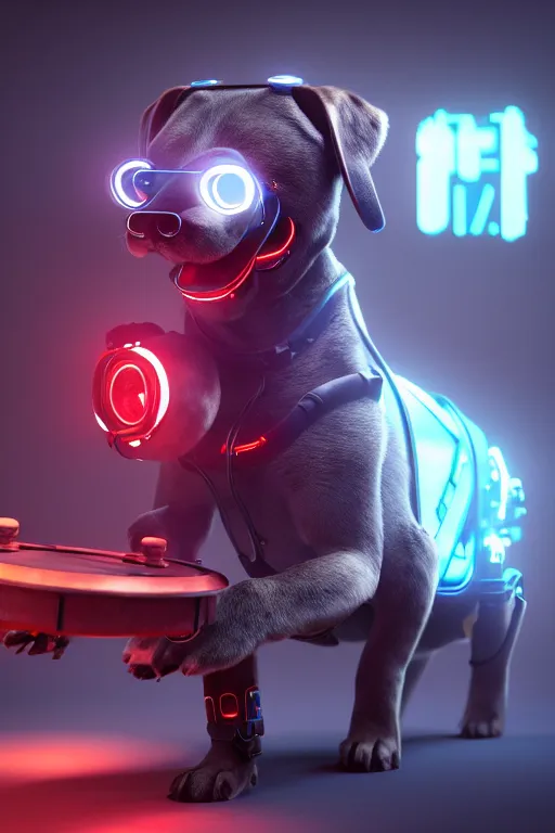 Prompt: high quality 3 d render very cute cyborg labrador!! dog plays drums!, cyberpunk highly detailed, unreal engine cinematic smooth, in the style of blade runner & pixar, hannah yata charlie immer, moody light, low angle, uhd 8 k, sharp focus
