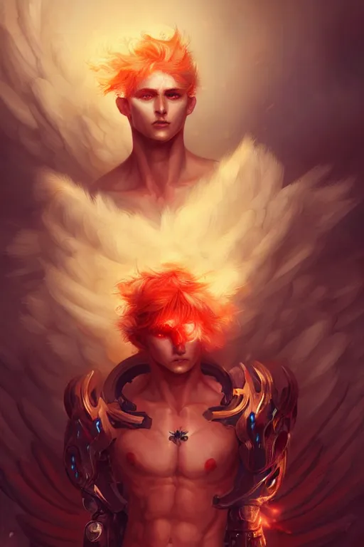 Prompt: digital art of a pale menacing male Cyborg Angel of Battle with fluffy blond curls of hair and piercing red eyes, central composition, gilded black cybernetics, he commands the fiery power of resonance and wrath, by WLOP, Artstation, CGsociety