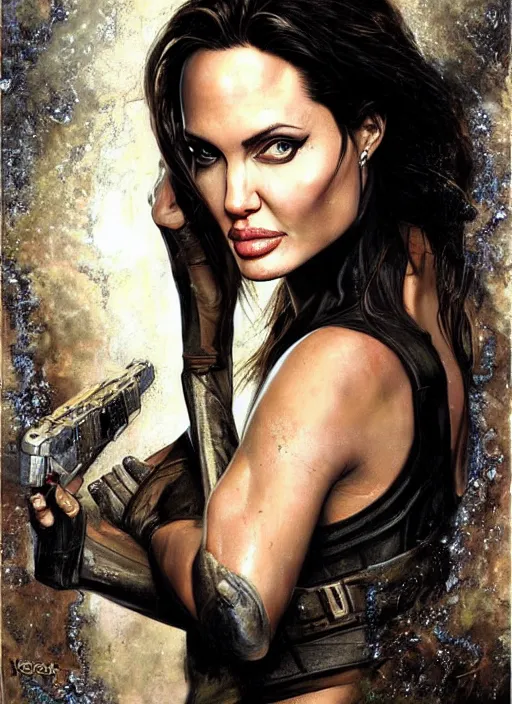 Prompt: Angelina Jolie (Lara Croft / Tomb Raider) is a bride, wedding portrait by Karol Bak