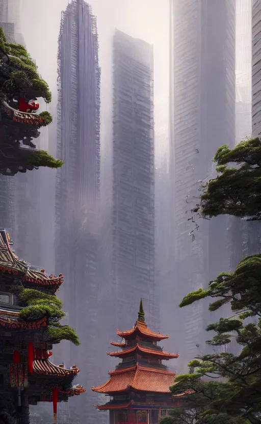 Prompt: chinese style temple in front of cyberpunk skyscrapers, hyper realistic, lush gnarly plants, 8 k, denoised, by greg rutkowski, tom bagshaw, james gurney cinematic lighting