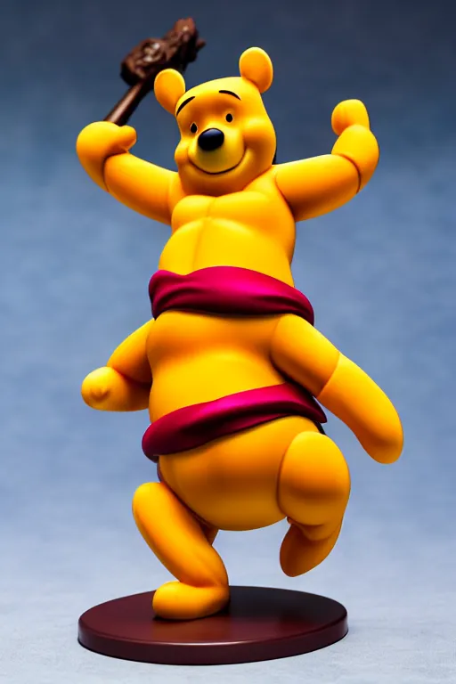 Prompt: still high quality figurine of buff winnie the pooh, tsurime eyes, tareme eyes, personification, dynamic pose, detailed product photo, featured on amiami, tone mapped, beautiful composition, 8 5 mm, f. 1 4