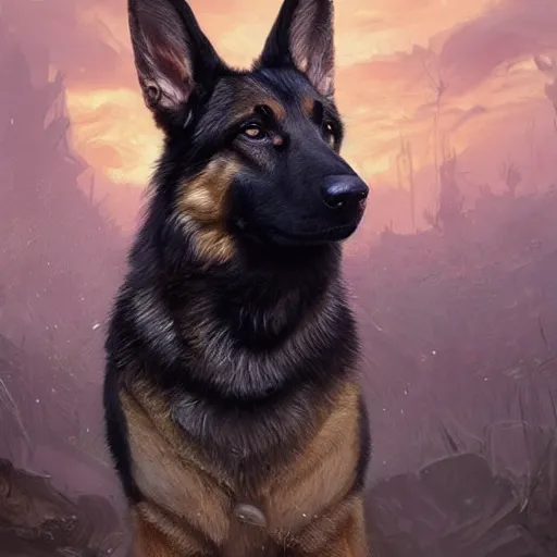 Prompt: german shepherd merge with donald trump, intricate, elegant, highly detailed, digital painting, artstation, concept art, matte, illustration, hearthstone, art by artgerm and greg rutkowski and alphonse mucha, simon stalenhag, hyperreal