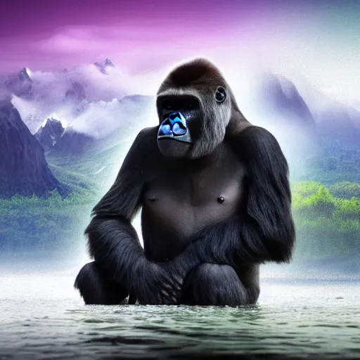 Prompt: a photo realistic gorilla doing transcendental meditation in a mystical landscape, beautiful, misty