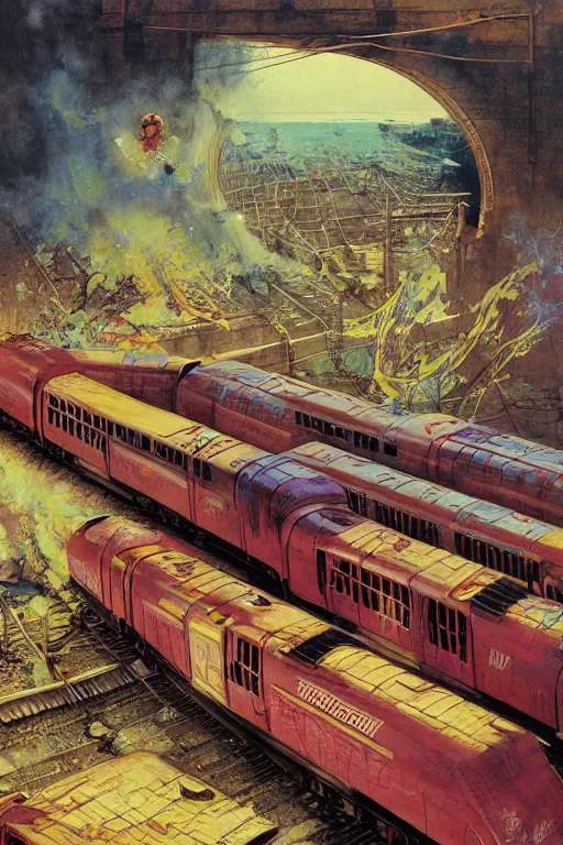 Prompt: trains covered in dripping graffiti paint, by lawrence alma tadema and zdzislaw beksinski and norman rockwell and jack kirby and tom lovell and greg staples and hiroshi yoshid and moebius and loish and artgerm, painterly, symmetrical, ultra detailed, hyper realistic, illustration, sunset lighting