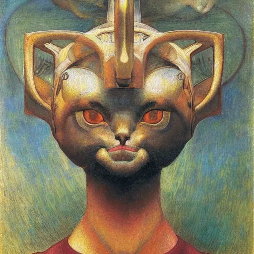 Image similar to masterpiece painting of a mechanical cat head, by annie swynnerton and diego rivera and nicholas roerich and jean delville, symbolist, dramatic lighting, god rays, elaborate geometric ornament, art brut, rich colors, smooth, sharp focus, extremely detailed, adolf wolfli and ( donato giancola )