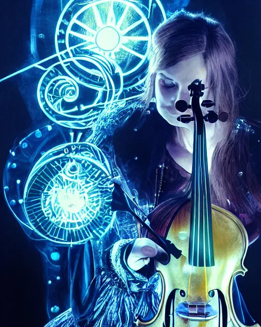 Image similar to a extremely detailed masterpiece of a violin singer in a steampunk, laser symmetric lights and ice, opening a portal into another dimension, in the style of aleksi briclot, glowing light and shadow, hyperrealist, 8 k