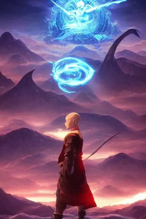 Image similar to an ultra detailed 3 d render of the aang the last airbender as an elden ring boss, epic anime fantasy, 8 k, in the style of a fantasy metal album cover and magic the gathering, volumetric lighting, smooth, highly detailed, digital illustration, octane render, art by albert bierstadt and greg rutkowsi, artstation