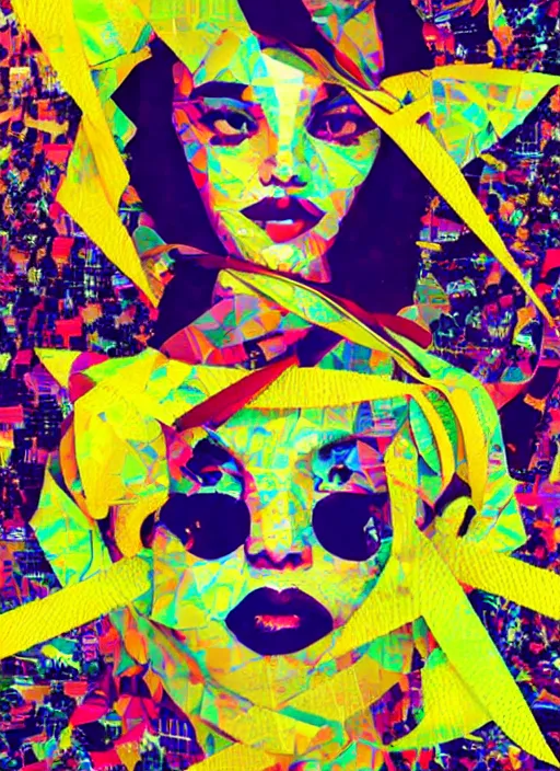 Prompt: portrait of a lowpoly fractal rave girl with musicassette ribbon hair, glitch art by kurt schwitters james jean liam brazier victo ngai tristan eaton, yellow violet black