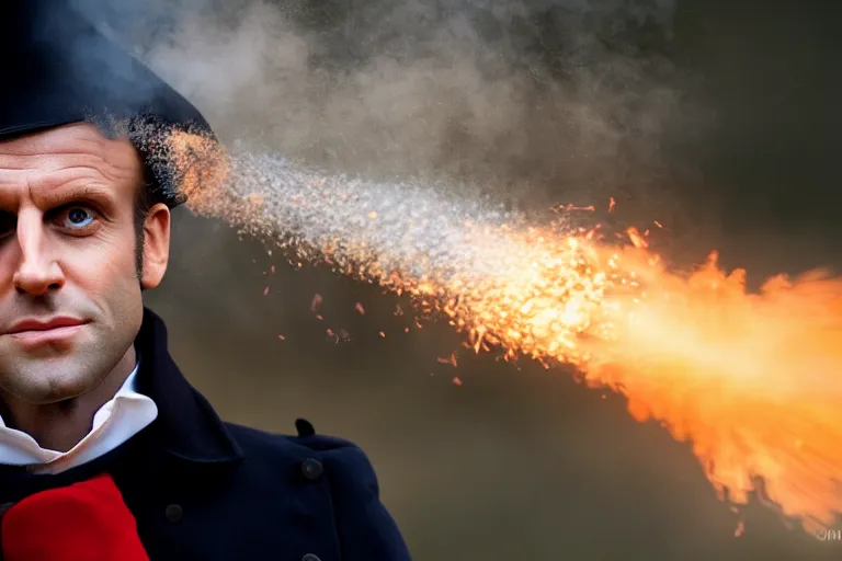 Image similar to closeup portrait of emmanuel macron dressed as napoleon firing a cannon at england, natural light, sharp, detailed face, magazine, press, photo, steve mccurry, david lazar, canon, nikon, focus