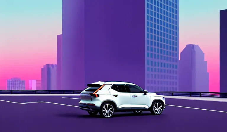 Image similar to a beautiful, sharp focus, clean lines. an urban cityscape with a white volvo xc 4 0 on the street. vaporwave ombre rendering. outrun style. trending on artstation. recommended for you behance. by chris moore. by edward hopper. ambient occlusion. digital matte painting. metropolis filmic. gotham city.
