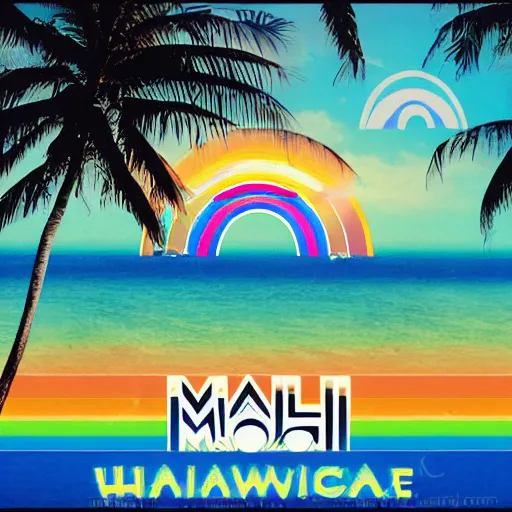 Prompt: miracle musical Hawaii part ii album cover, showing an ocean in the background, spiral transparent stairs on the left with tall palm trees behind it, a slight rainbow in the background, white outline border, moon in the right top area black and white except for the rainbow album cover rainbow text in the center reading Hawaii part ii, 80s Japanese