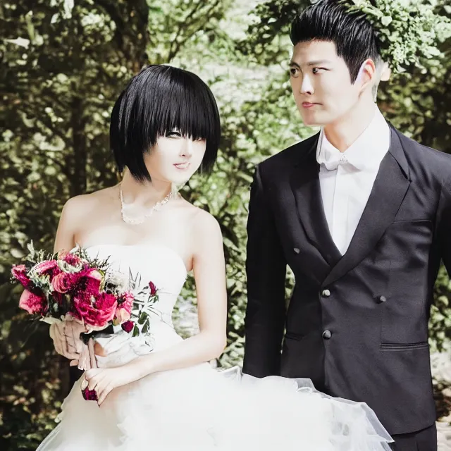 Image similar to saitama one punch man instagram couple's wedding photo shoot, closeup photo