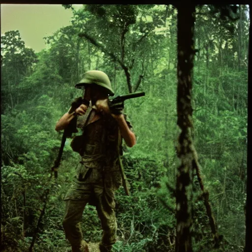 Prompt: film still, extreme far view, adrien brody, jungle, vietnam door gunner, apocalypse now, associated press,, 2 6 mm, kodak ektachrome, blue tint expired film,