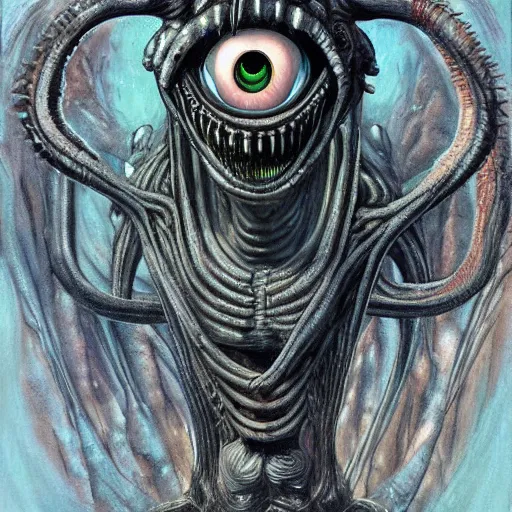 Image similar to detailed painting of mike wazowski that looks like a xenomorph, in the style of h r giger and wayne barlowe