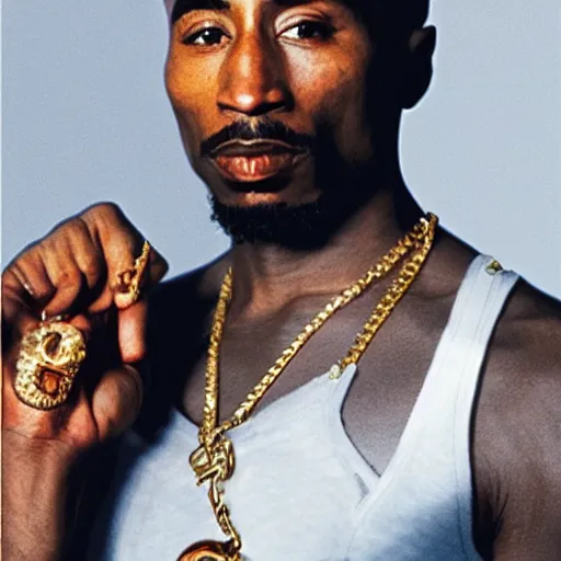 Image similar to a medium shot photo of tupac shakur extremely happy to have a pistol in his hand,8k, DSLR, highly detailed skin, highly detailed hands