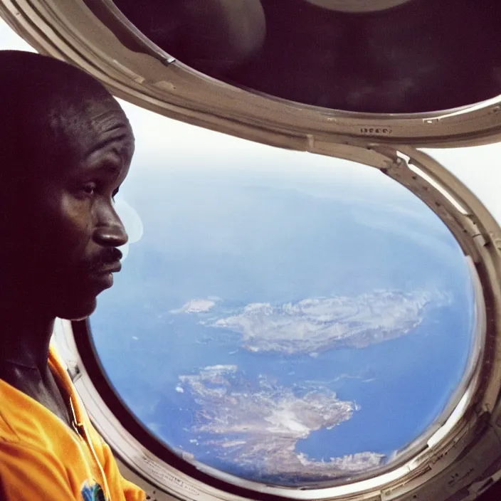 Prompt: analogue photo of an African tribal man looking at planet earth out the porthole window of a spaceship, NASA, photo shot by martha cooper, 35mm,