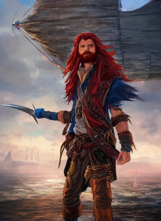 Image similar to an epic fantasy comic book style portrait painting of a long haired, red headed male sky - pirate in front of an airship in the style of disney, unreal 5, daz, hyperrealistic, octane render, cosplay, rpg portrait, dynamic lighting