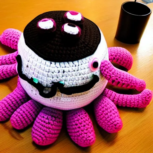 Prompt: a crochet octopus that is eating sushi, crochet octopus eating sushi, photo realistic, indoor lighting