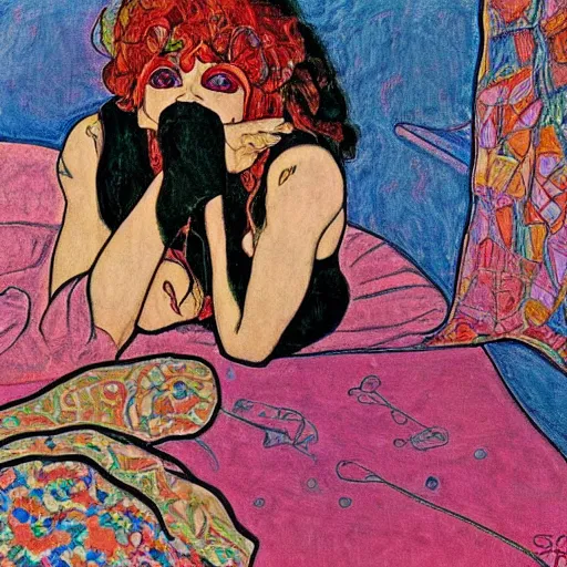 Image similar to rocker goth teen girl laying on the floor, writing on a journal. 1970s colorful psychedelic bedroom. Trippy. Mucha. Stylized. Egon schiele