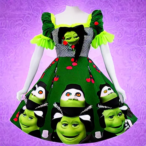 Prompt: A shrek-themed lolita dress; modern japanese fashion