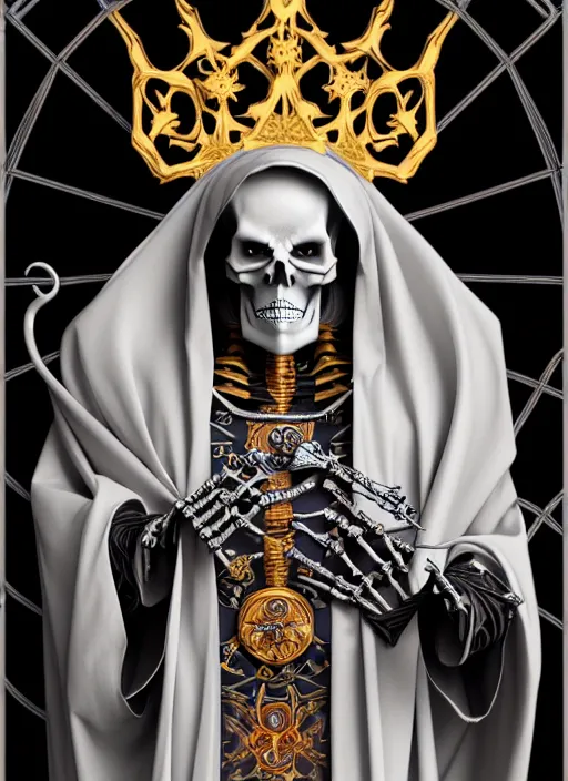 Image similar to undead skeleton king, wearing an academic gown, tarot card, highly detailed, deep focus, elegant, digital painting, smooth, sharp focus, illustration, ultra realistic, 8 k, art by artgerm and alphonse mucha