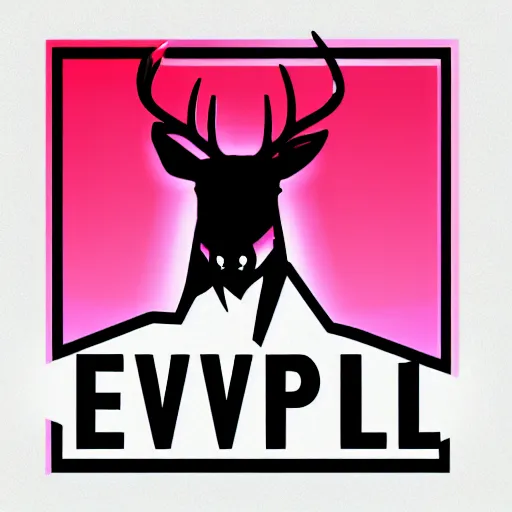 Image similar to logo for evil corporation that involves deer, synthwave style