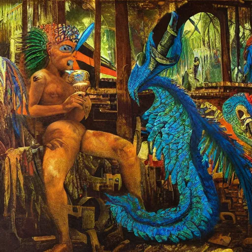 Image similar to high quality, high detail painting, dutch masterpiece, fluxus, blu, film noir, william s burroughs, scene in las pozas with quetzalcoatl at night, hd, muted lighting