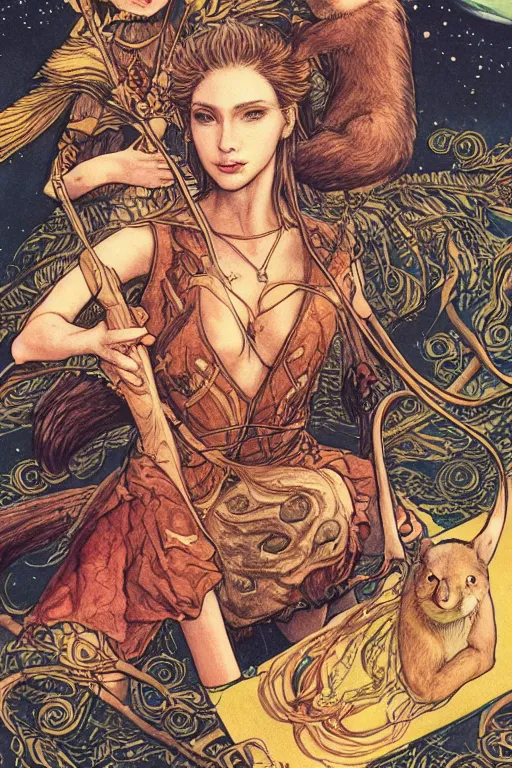 Image similar to Rider-Waite Tarot card: The Lady and the Otter, illustrated by Ayami Kojima, artstation, concept art, 4k