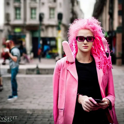 Prompt: street portrait of a pink with a pink mohawk, looking to his phone, candid portrait, street photography, high detail, 5 0 mm lens, heavy bokeh, fine details