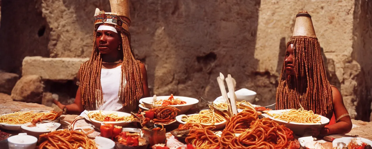 Image similar to queen hatshepsut in the ancient kingdom of punt, enjoying a feast of spaghetti, canon 5 0 mm, kodachrome