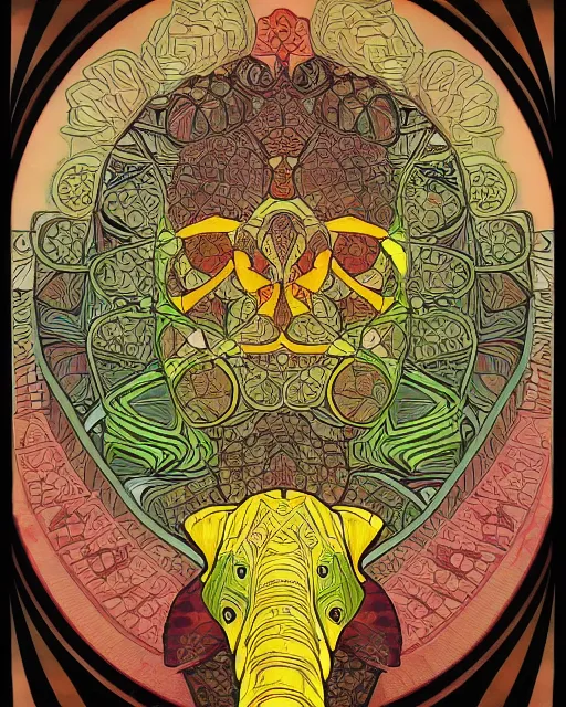 Image similar to Elephant head art surrounded by varities of pineapple, cell shading, voronoi, fibonacci sequence, sacred geometry by Alphonse Mucha, Moebius, hiroshi yoshida, Art Nouveau, colorful, ultradetailed, vivid colour, 3d