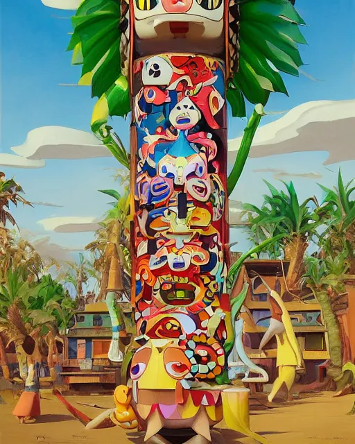 Prompt: a painting of a tribal tiki hut with a totem pole by its side, a surrealist painting by Takashi Murakami and by Naoto Hattori, Edward Hopper and James Gilleard, Zdzislaw Beksinsk, by Jesper Ejsing, by RHADS, Makoto Shinkai and Lois van baarle, trending on deviantart, pop surrealism, lowbrow, grotesque, whimsical