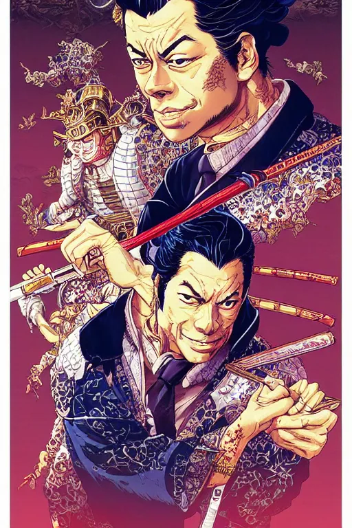 Image similar to poster of jordan belfort as a samurai, by yoichi hatakenaka, masamune shirow, josan gonzales and dan mumford, ayami kojima, takato yamamoto, barclay shaw, karol bak, yukito kishiro