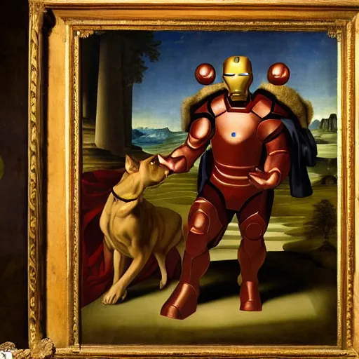 Image similar to renaissance painting of an anthropomorphic dog wearing an iron man suit