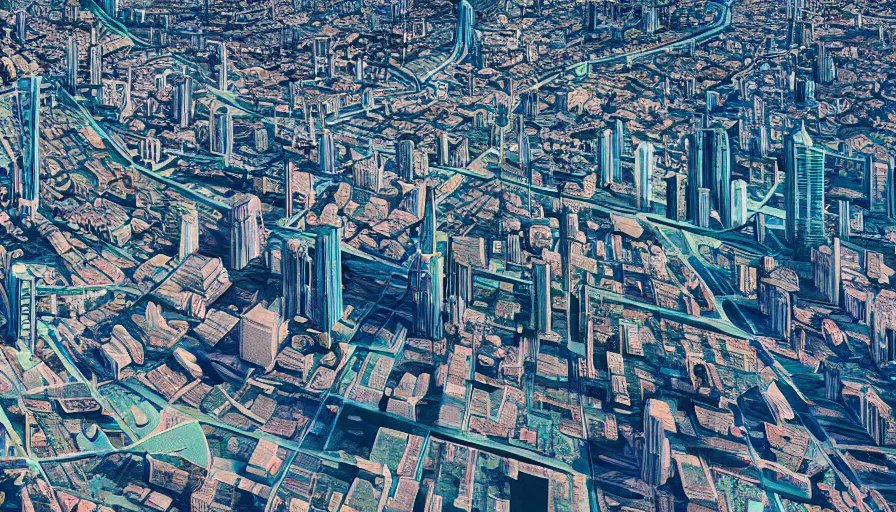 Prompt: Aerial Shot of A city split in different factions, Dytopia, Digital Art, Rendering, Hyperdetailed, Smooth Gradients, 100mm, Anamorphic Lens, Realistic Lighting, High Resolution