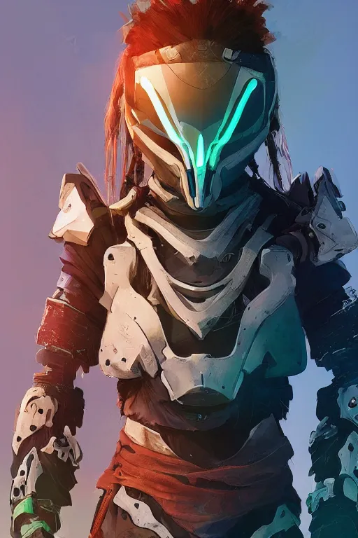 Image similar to combination suit armor aloy horizon forbidden west horizon zero dawn radiating a glowing aura global illumination ray tracing hdr fanart arstation by ian pesty and alena aenami artworks in 4 k tribal robot ninja mask helmet backpack