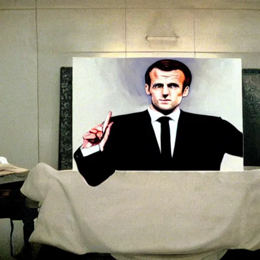 Image similar to highly realistic painting of Emmanuel Macron in American Psycho (1999)