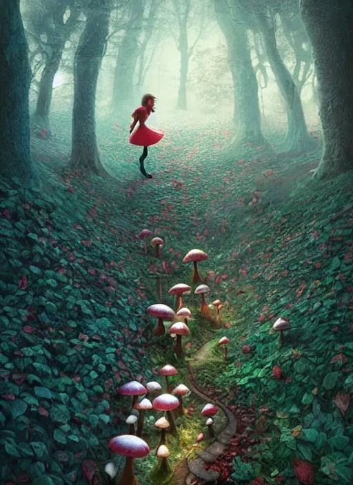 Prompt: alice in wonderland mushrooms detailed clothing, half body shot, arms down, path traced, highly detailed, high quality, digital painting, alena aenami, arnold bocklin, tom bagshaw