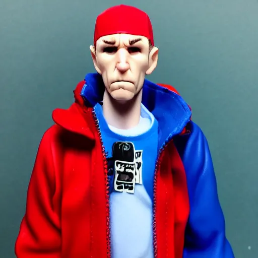 Prompt: tracey enim cosplay eminem, stop motion vinyl action figure, plastic, toy, butcher billy style