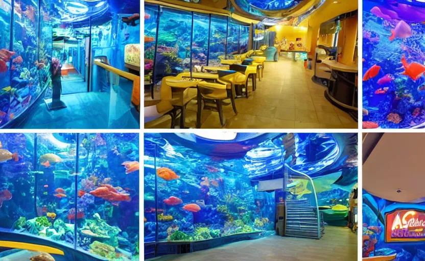 Prompt: inside a fastfood fish restaurant, fluorescent light, bright, atlantis theme, an aquarium at the wall, at the end is a giant door with stairs in front of it