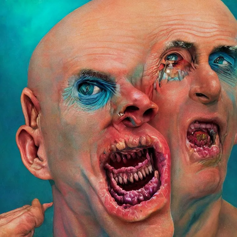 Image similar to Hyperrealistic intensely colored close up studio Photograph portrait of deep sea bioluminescent Senator Rick Scott, symmetrical face realistic proportions eye contact tentacles, Laughing maniacally in a coral reef underwater, award-winning portrait oil painting by Norman Rockwell and Zdzisław Beksiński vivid colors high contrast hyperrealism 8k