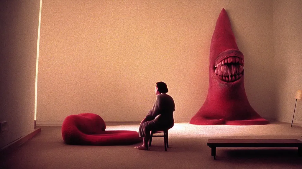 Prompt: the giant tongue waits in our living room, film still from the movie directed by Wes Anderson with art direction by Zdzisław Beksiński, wide lens