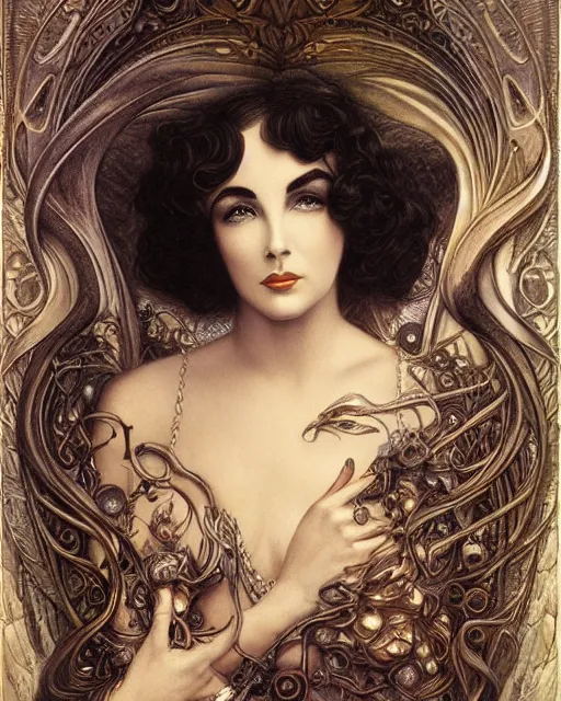 Image similar to in the style of beautiful elizabeth taylor, steampunk, detailed and intricate by jean delville, gustave dore and marco mazzoni, art nouveau, visionary, gothic, pre - raphaelite