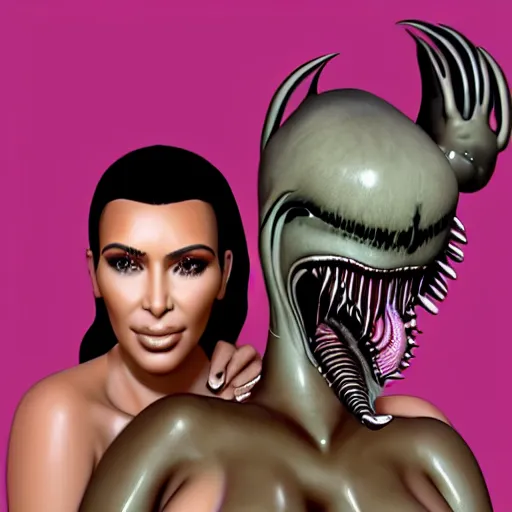 Image similar to kim kardashian being licked menacingly by an xenomorph, highly detailed, photorealistic, slime, saliva, artstation, smooth