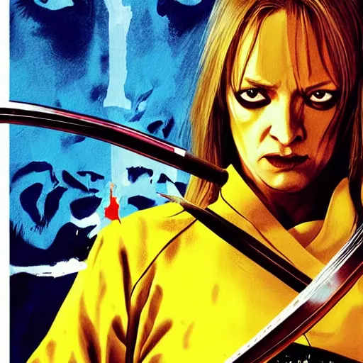 Image similar to kill bill movie poster with uma thurman swinging katana by tarantino, wlop and artgem, beautiful portrait, enhanced eye detail, exquisite hair and body