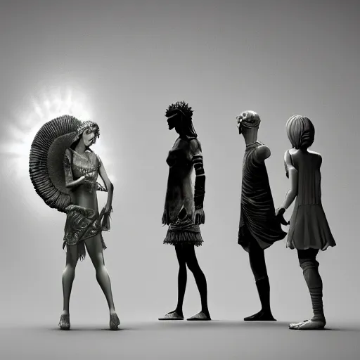 Image similar to mushroom goddess with group of elders, discussing the new season of friends, cynical realism, hiroya oku painterly, yoshitaka amano, chris cunningham, black and white, beautiful lighting, 3 d render, 8 k