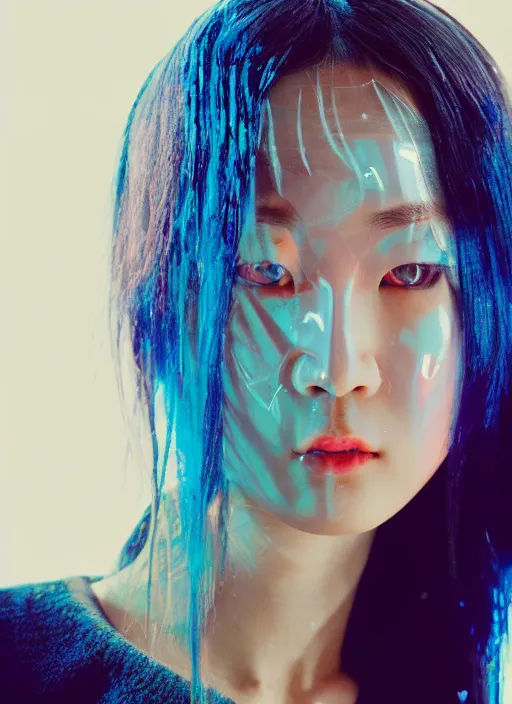 Image similar to a close-up risograph long shot of cyberpunk japanese model girl with black eyes and pretty face wearing lots of transparent and cellophane accessories, blue hour, twilight, cool, portrait, Kodachrome, ISO1200,